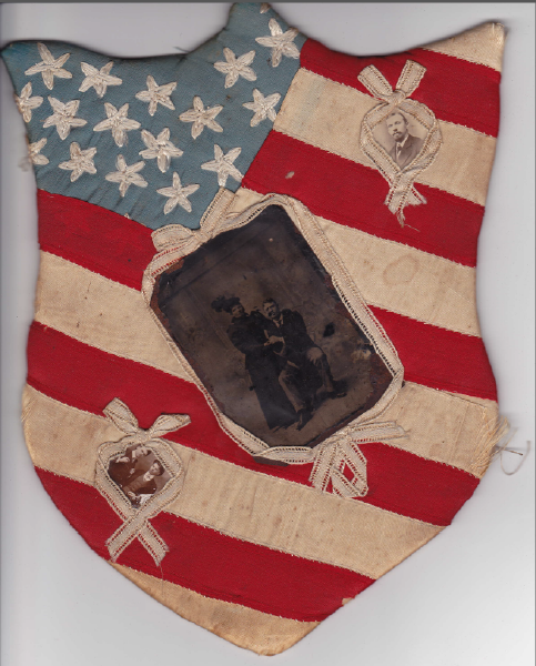 AMERICAN FLAG COVERED CREST WITH PHOTOS,  MARIA LEONARD, WIFE OF ANDREW c1900s